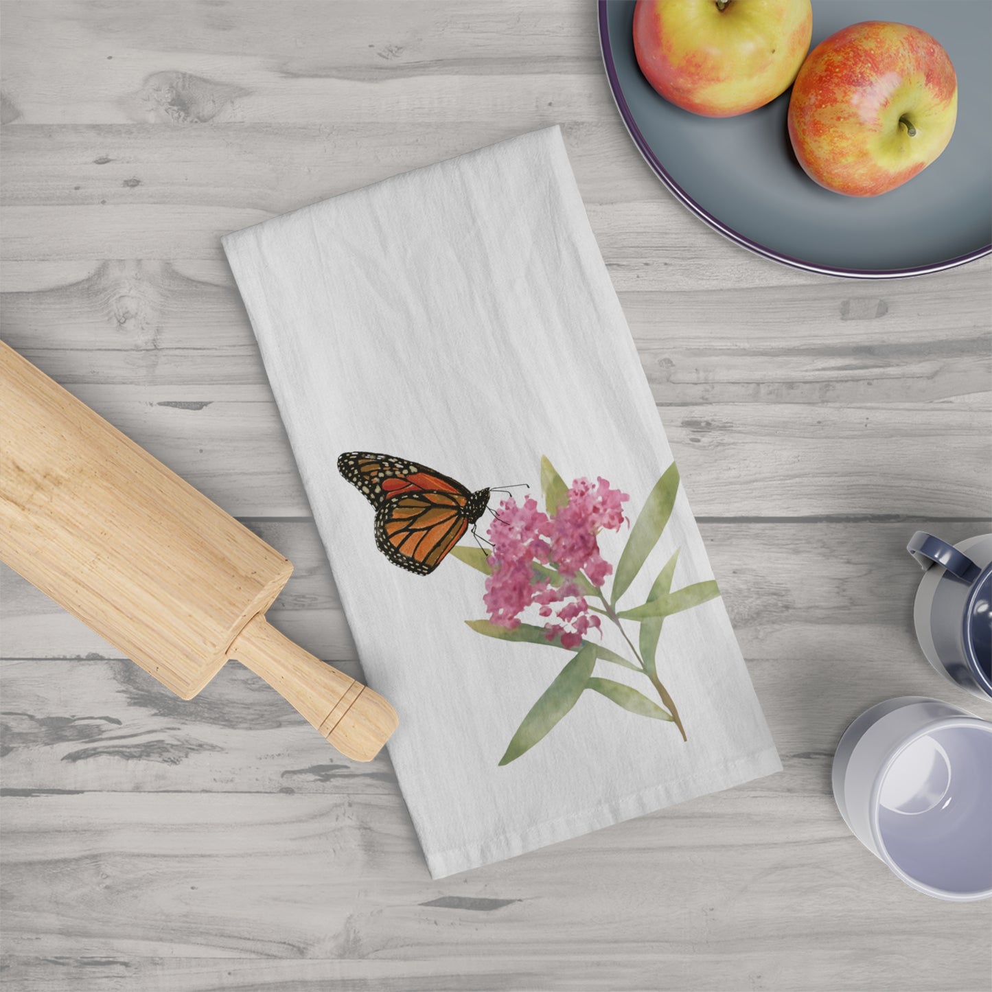 Monarch and Milkweed Watercolor - Flour Sack Tea Towel