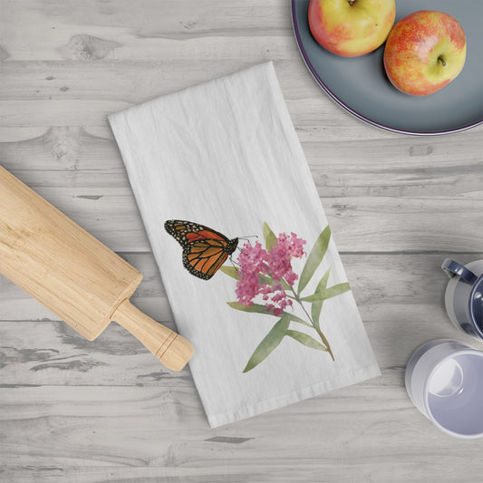 Monarch and Milkweed Watercolor - Flour Sack Tea Towel