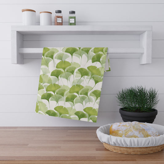 Cotton Tea Towel | Green Ginkgo Leaves