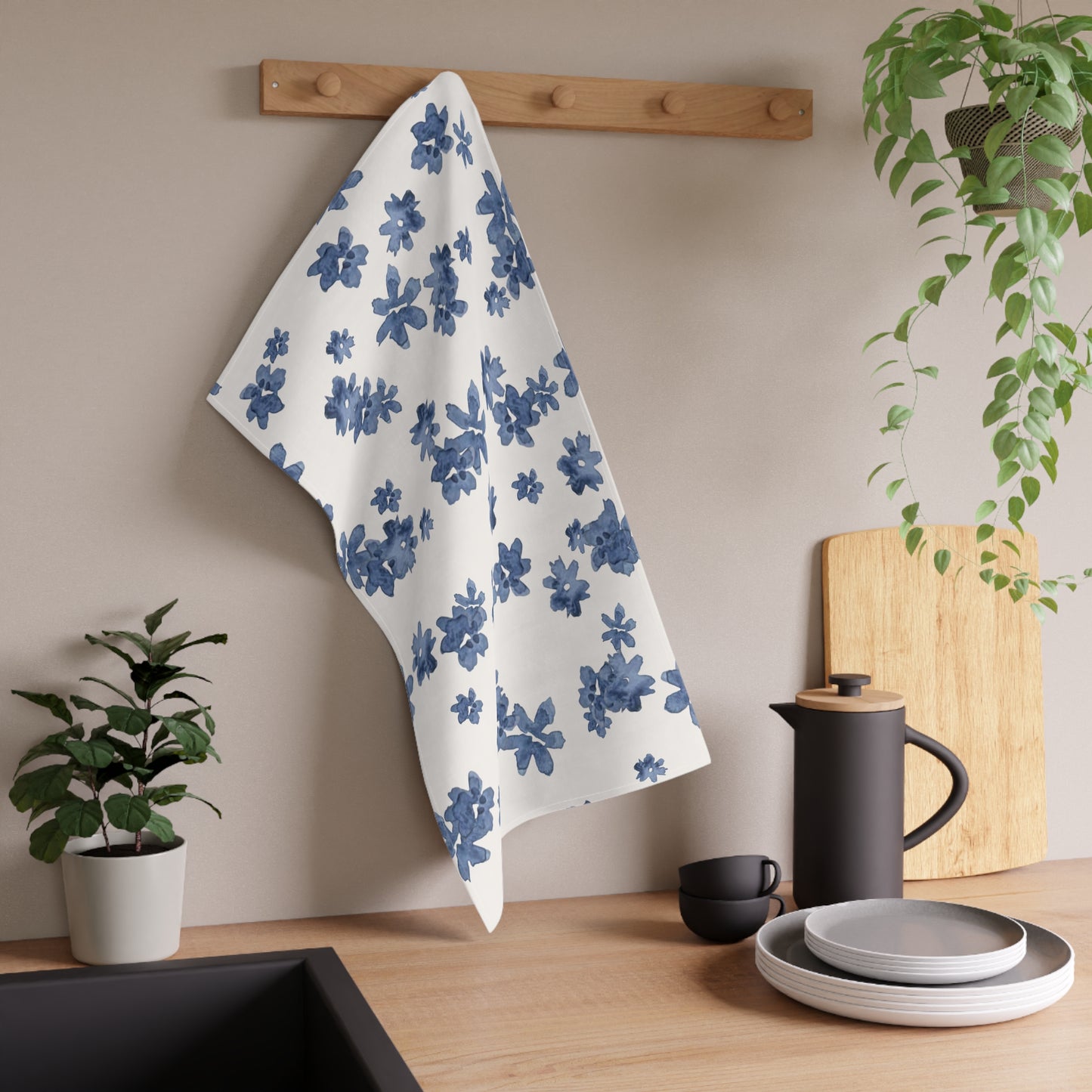 Cotton Tea Towel | Blue Watercolor Flowers